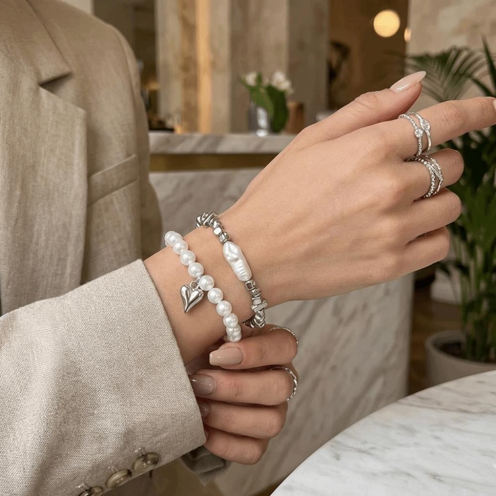Beaded Heart Pendant Bracelets Stackable Metal Hand Chain Vintage Imitation Pearl Bracelets  Party