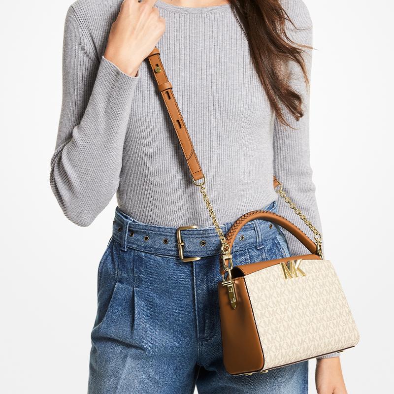 New MICHAEL KORS Karlie Cow Leather Shoulder Bag, Crossbody Bag, Handbag Small Women's Vanilla White/Acorn Brown 32F1GCDC1B-149