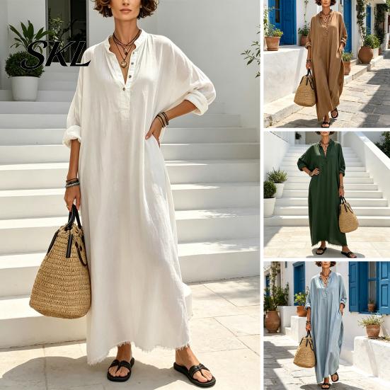 Casual Dress Summer Maxi for Women, V-Neck Oversized Boho Long Women Dress, Sleeve Button Up Vacation Sundress with Pockets Party