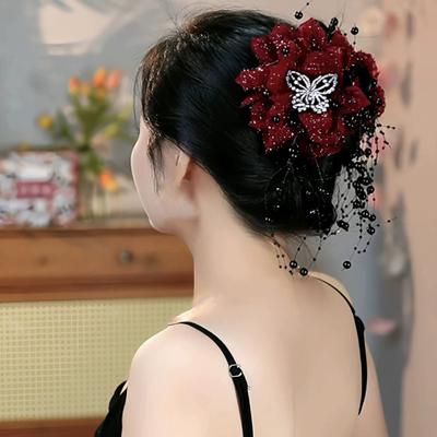 Peony Feather Tassel Hair Claw Women Girls High Cap Bone Design Hairpin Sturdy Shark Clip Hair Accessory