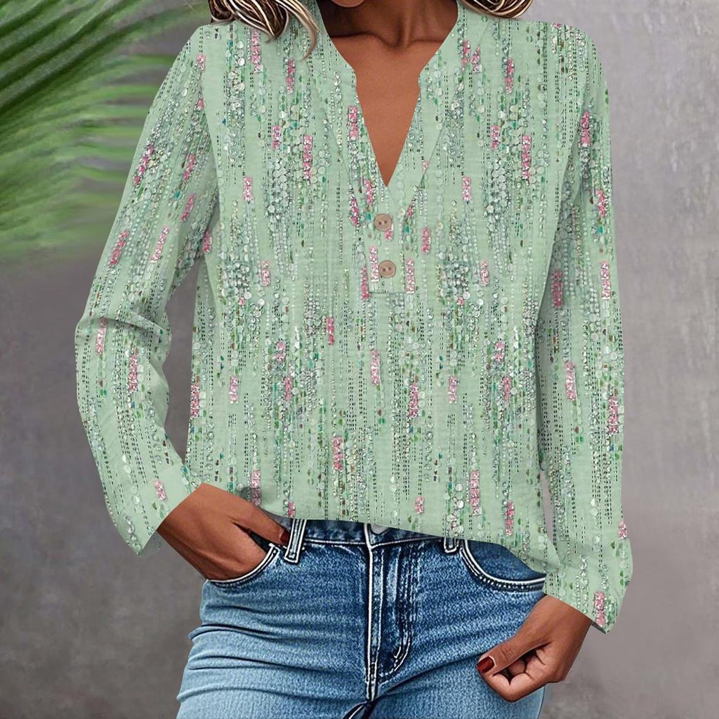 Women's Fashionable And Casual Shirt Long Sleeve V-neck Button Printed Blouse Top