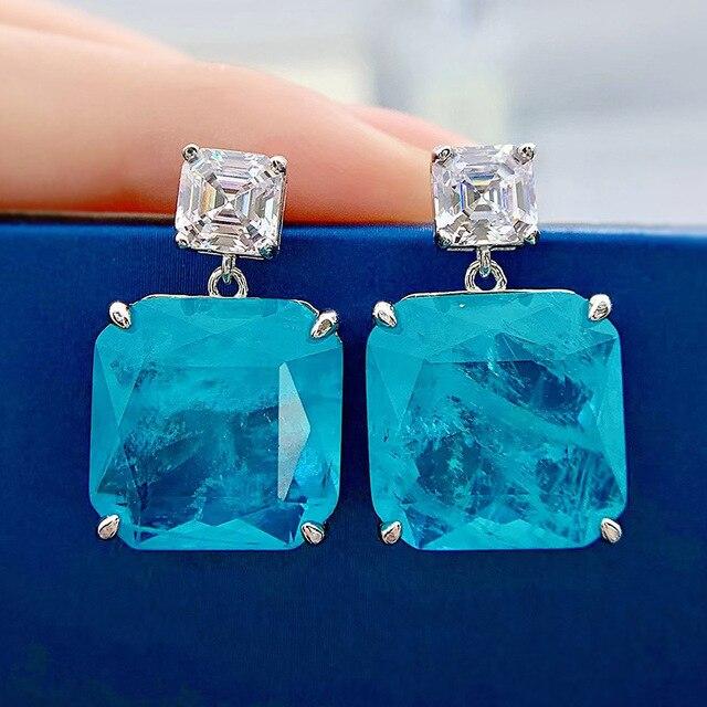 Wong Rain 100% 925 Sterling Silver Emerald Paraiba Asscher Cut High Carbon Diamonds Gemstone Drop Dangle Earrings Fine Jewelry