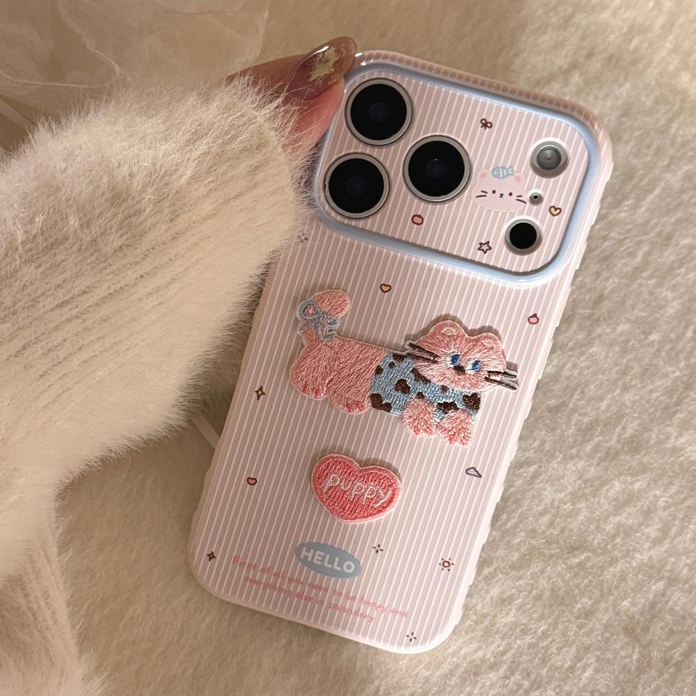 Полосатый чехол для iPhone 17 с кошачьей тематикой, Совместим с iPhone 15, 16 Pro и Max. Вышитый мультяшный дизайн, Защита от падений и полная защита