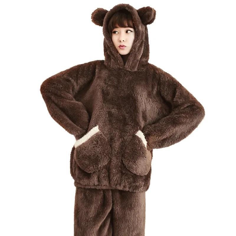 Thickened Warm Flannel Fall and Winter Women Cartoon Plush Hooded Bear Sleepwear Loungewear Two-Piece Solid Nightwear Homewear
