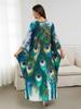 EDOLYNSA 2024 Green Peacock Plume Printed Beach Dress V-neck Side Split Plus Size Kaftan Summer Boho Swimsuit Coverup For Women Cozy House Robe Q1588