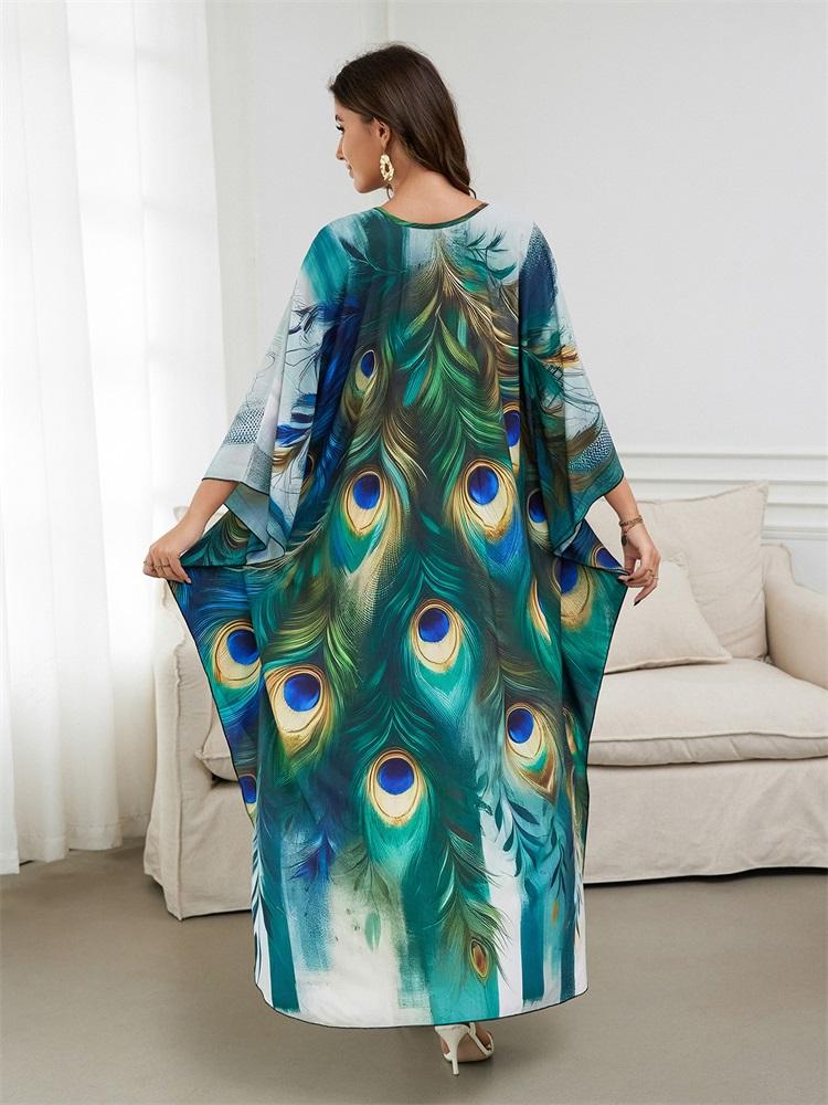 EDOLYNSA 2024 Green Peacock Plume Printed Beach Dress V-neck Side Split Plus Size Kaftan Summer Boho Swimsuit Coverup For Women Cozy House Robe Q1588