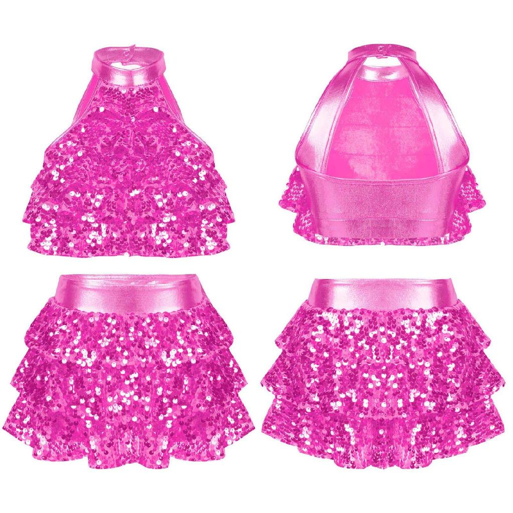 Girls Shiny Dance Set Sleeveless Round Collar Backless Shiny Sequins Tiered Crop Top Elastic Waistband Skirt