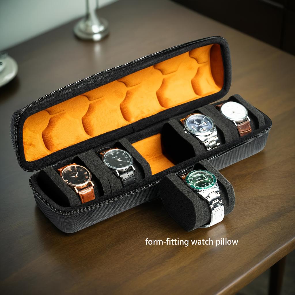 5-Slot Shock-Absorbing Nylon Watch Case - Portable Travel Watch Box with Hard Shell Protector, Durable Fabric-Lined Interior