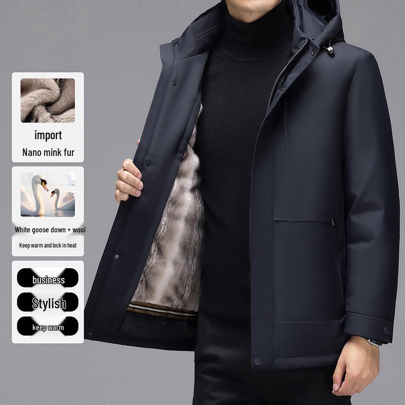 Утолщенная куртка 3-в-1 для папы: Мех нано-норки, гусиный пух и шерсть.