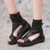 Retro Soft PU Leather Ladies Cool Boots Fashion Women Sandals Summer Fish Mouth Sandals Wedges Mid Heels Shoe Sandalias