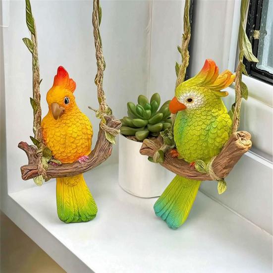 Resin Parrot Swing Figurine Outdoor Hanging Animal Sculpture Tropical Bird Swing Statue for Patio