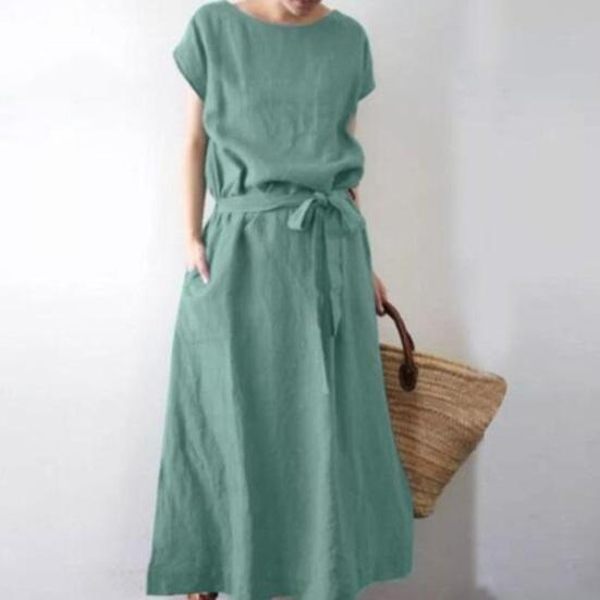 Женское платье макси из хлопка и льна в стиле бохо, летнее, с коротким рукавом, круглым вырезом, длинным платьем, поясом и карманами, повседневный пляжный сарафан