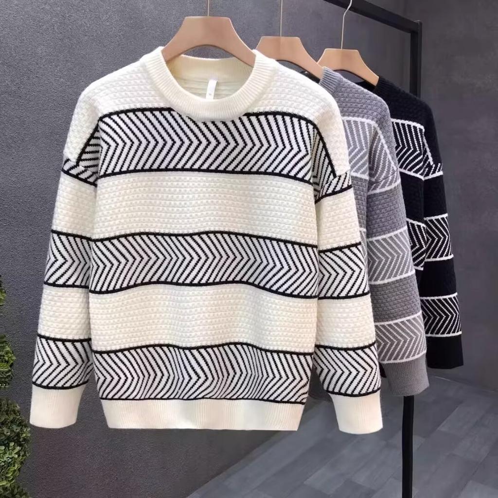 Полосатый свитер контрастного цвета в японском стиле, мужской осенне-зимний утепленный вязаный свитер с длинными рукавами, пальто 2024год