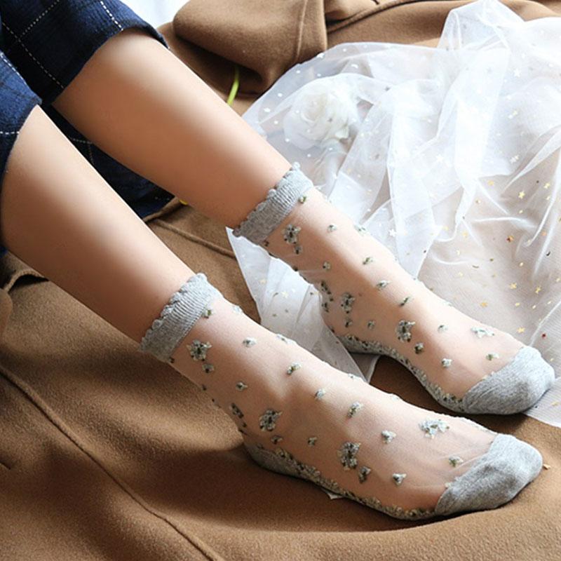 Women's Elastic Cotton Socks Transparent Floral Summer Thin Sheer Non-slip