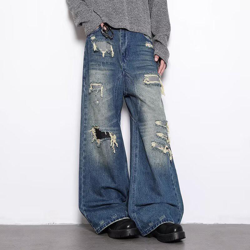 Mens Distressed Loose Fit Denim Pants With Ripped Details Wide Leg Straight Cut Casual Wear