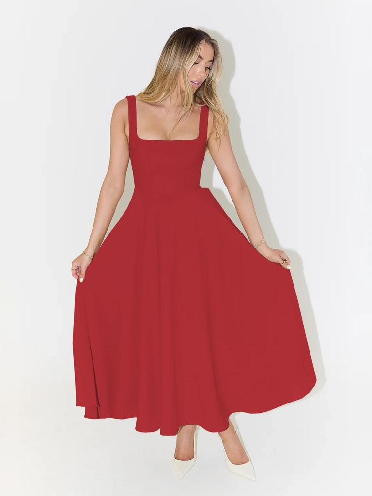 Элегантное женское платье без рукавов однотонной расцветки с квадратным вырезом - Коллекция весна/лето 2025