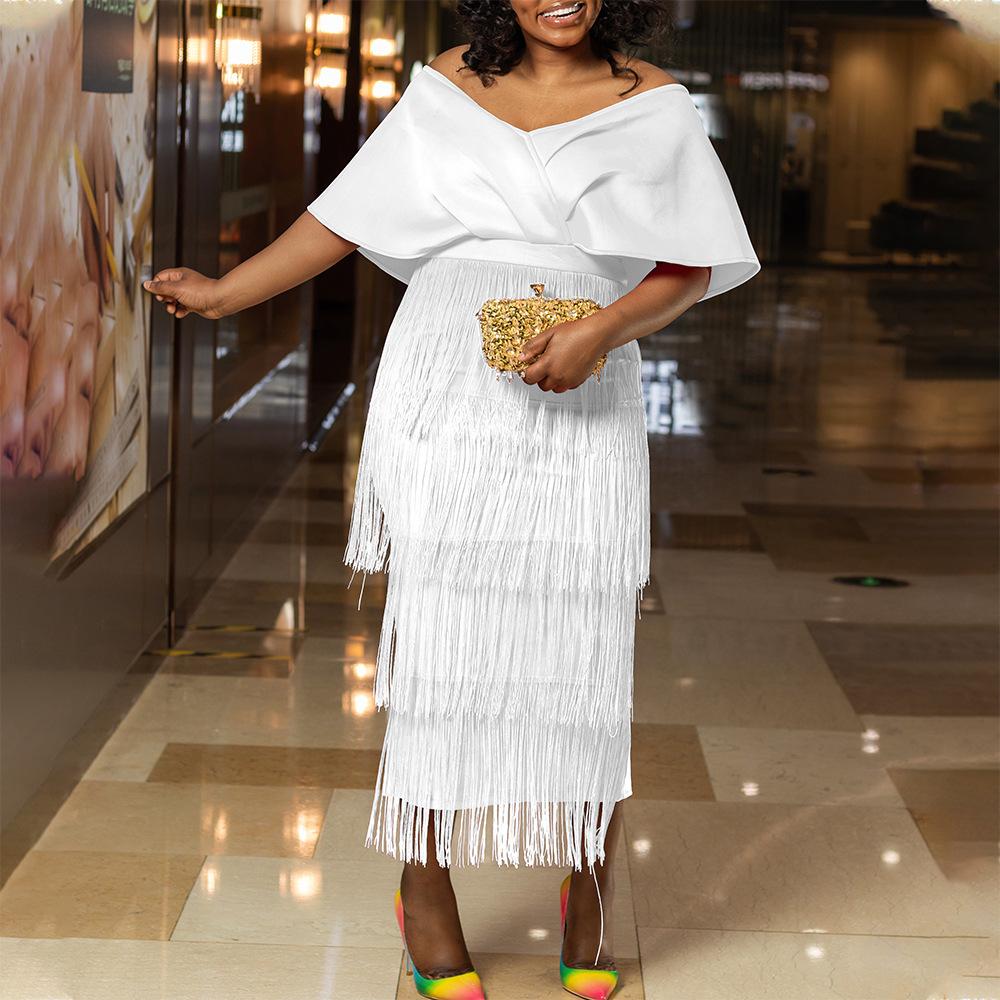 Большой размер, женское летнее модное однотонное платье с кисточками, женское элегантное цельное платье с v-образным вырезом и открытыми плечами