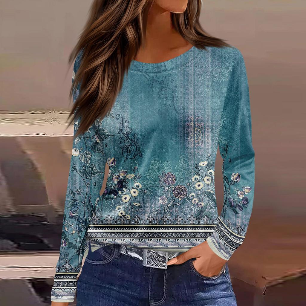 Women's Fashion Casual Slit Hem Round Neck Long Sleeve Loose  Printed T-Shirt Ladies Top