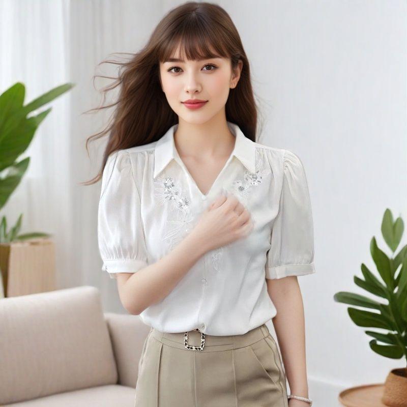 Женская вышитая блузка с пышными рукавами, жемчужными деталями, на пуговицах