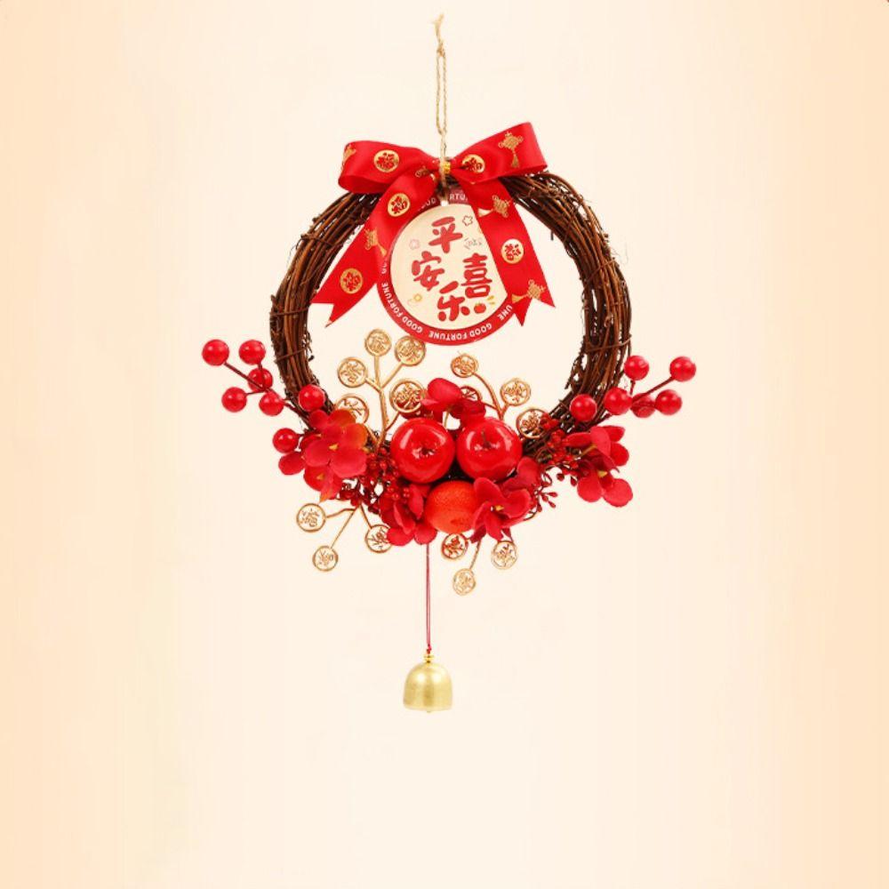 Traditional Chinese New Year Wreath Decorative Rattan Hanging Wreath Exquisite with Bell Artificial Floral Wreath Holiday Party