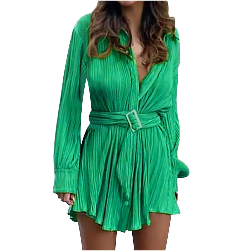 Women's Shirt Collar Fashionable Elastic Waist Pleated Long Sleeved  Dress