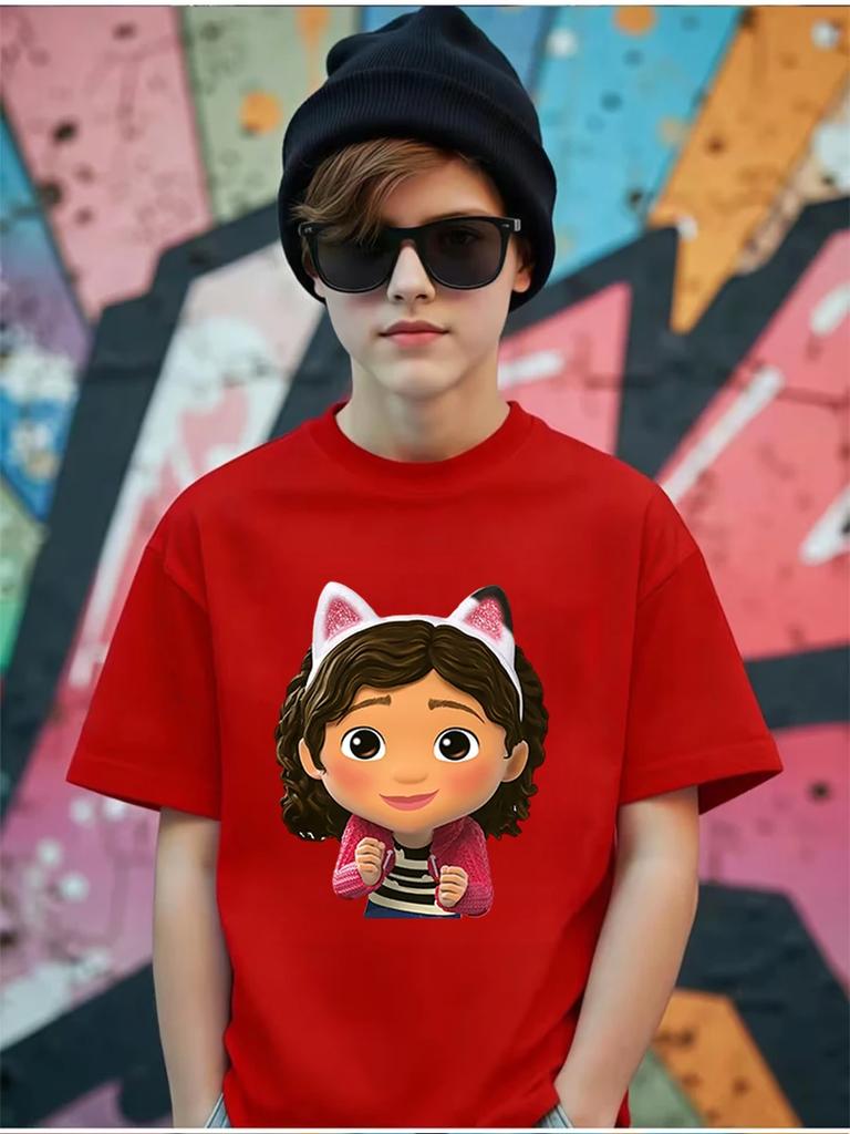 Furry Gabby's Dollhouse Kids Short Sleeve T Shirt Summer Cute Cartoon Crewneck Street 3-14 Years