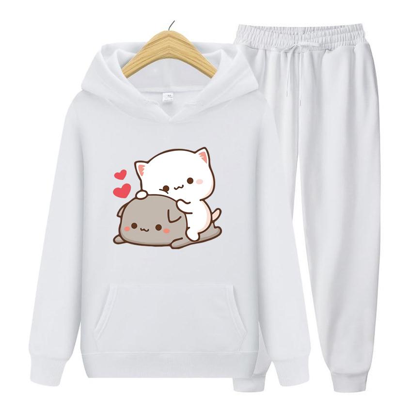 Женский комплект с капюшоном с длинными рукавами Kawaii Girl, комплект свитшотов в стиле аниме, негабаритный повседневный пуловер, милая пара, подарок на день Святого Валентина, комплект с капюшоном