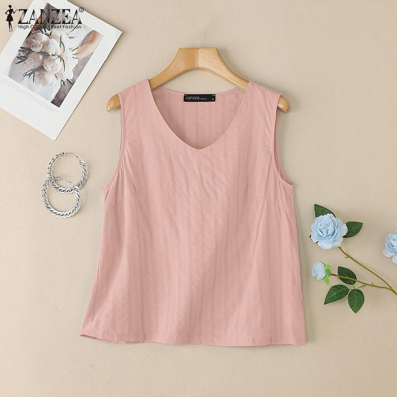 ZANZEA Женские летние топы-майки без рукавов с V-образным вырезом, свободного кроя, в повседневном стиле