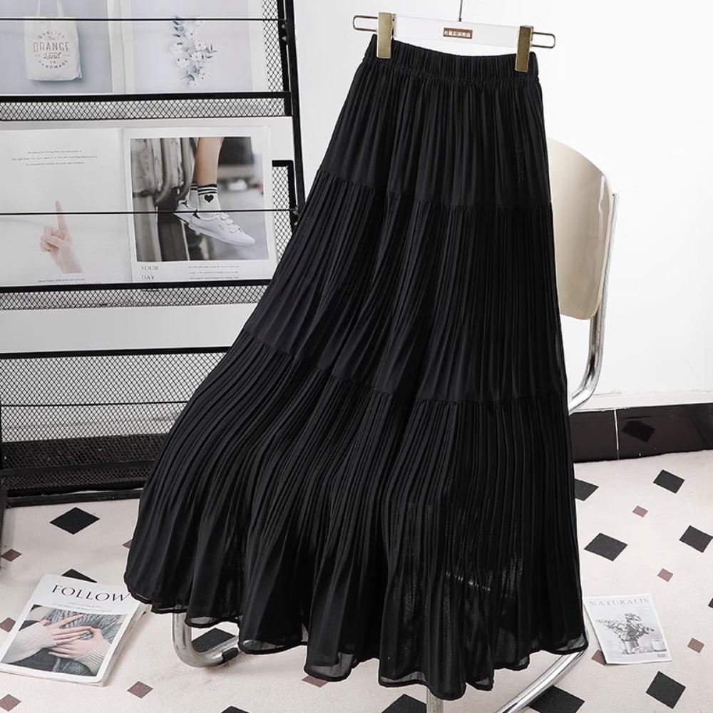 Dimanaf 2025 Summer Women New Skirts Chiffon Solid Elastic Waist Pleated Mesh Elegant Skirts