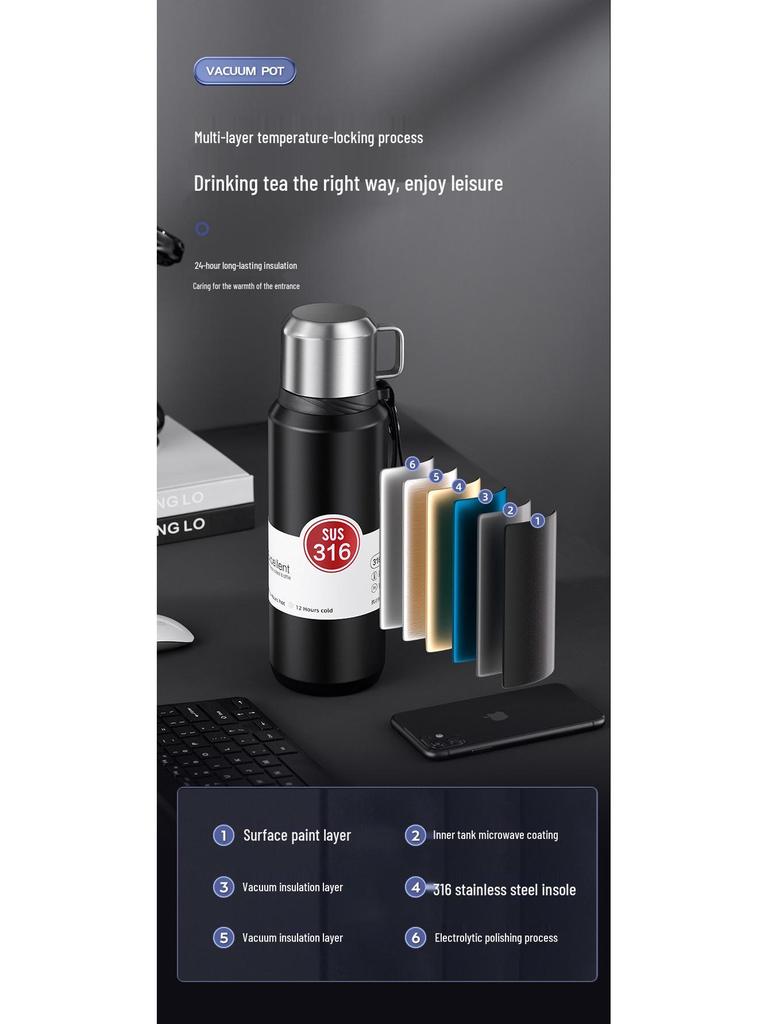 Термобутылка из нержавеющей стали 316 большой вместимости с разделением чая и воды для мужчин и женщин - Идеально подходит для путешествий на автомобиле и занятий спортом