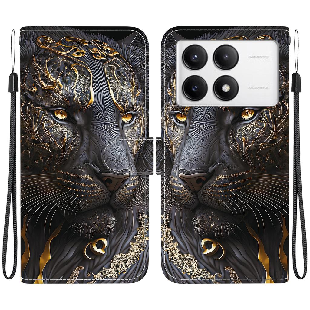 Handmade PU Leather Flip Case for Xiaomi Poco F6 Pro Anti-Slip Shockproof Cover with Wrist Strap & Heart/Rose Cat Designs