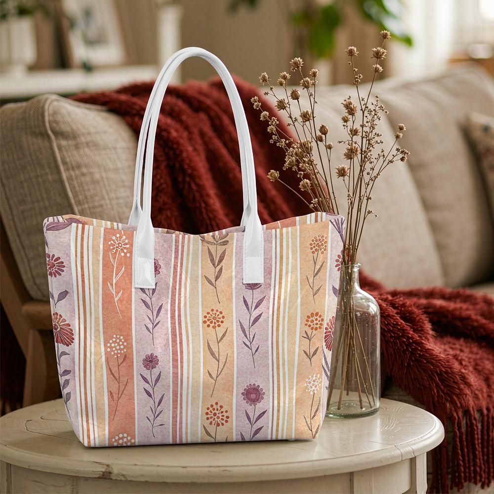 Boho Floral Striped Casual Tote Bag Ladies Daily Use Shoulder Handbag Lightweight Stylish Commuter Carry Bag for Women