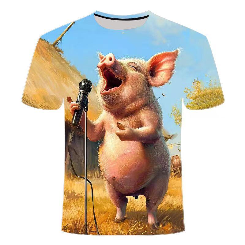 Funny Singing Pig T-shirt Men's Clothing Short Sleeves Round Neck T Shirt 3D Printed Animal Summer Casual Fashion Tees