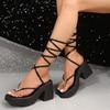 2024 Summer Women's Shoes High Quality Solid Color Thick Heel Thumb Toe Bow Large Size High Heel Lace Up Women's Roman Sandals
