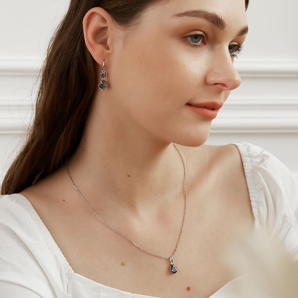 VOLUKA White Fire Opal Pendant Necklace Gem Birthstone Jewelry Gift for Artificial Rainbow Quartz Women's Girls…, Brass,