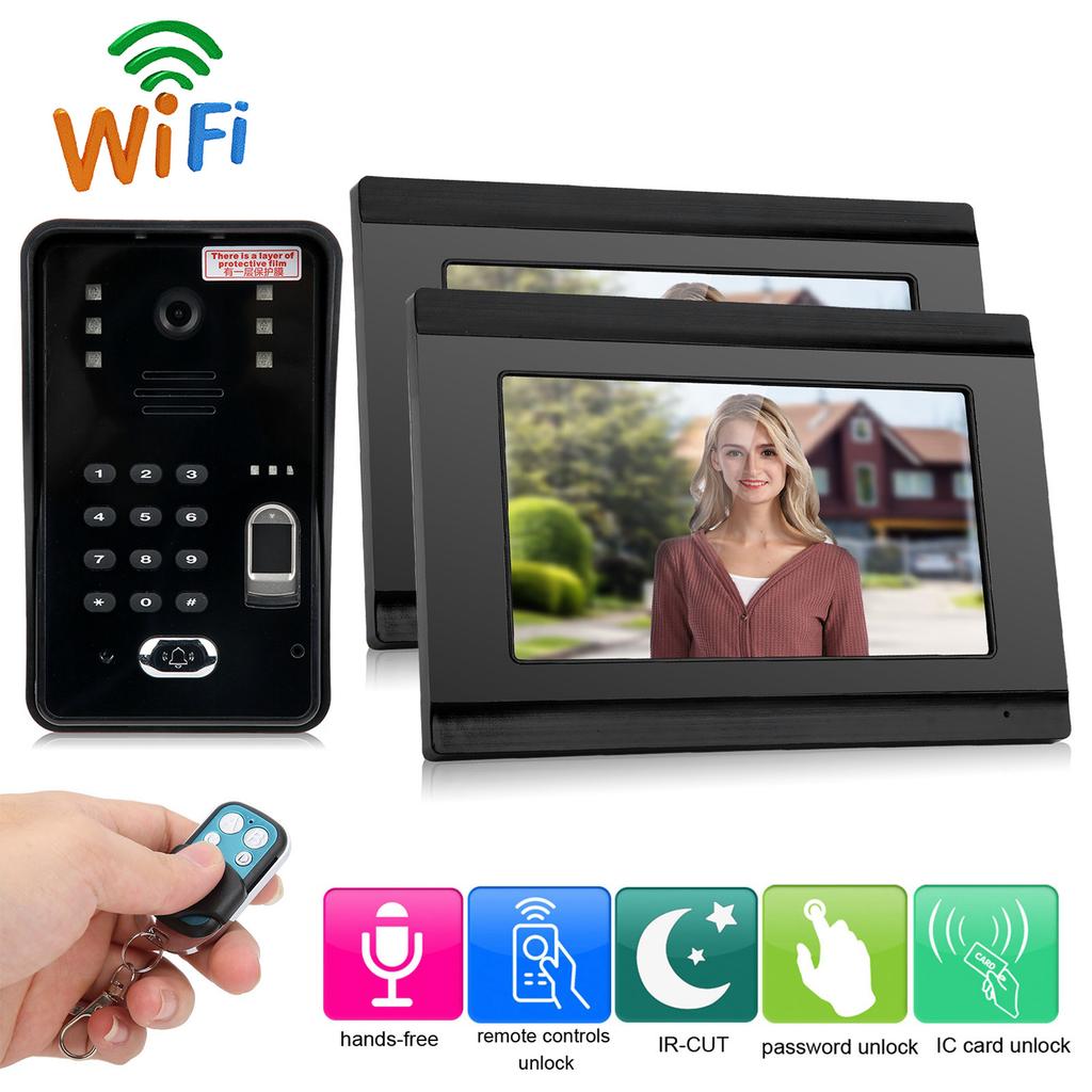 7-дюймовый видеодомофон, проводной, Wi-Fi, 2 монитора, отпечаток пальца, пароль, IC-карта, удаленная разблокировка, ночное видение