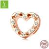 Heart-Shaped 925 Sterling Silver Beads with Rose Gold Plating and Zircon Inlay