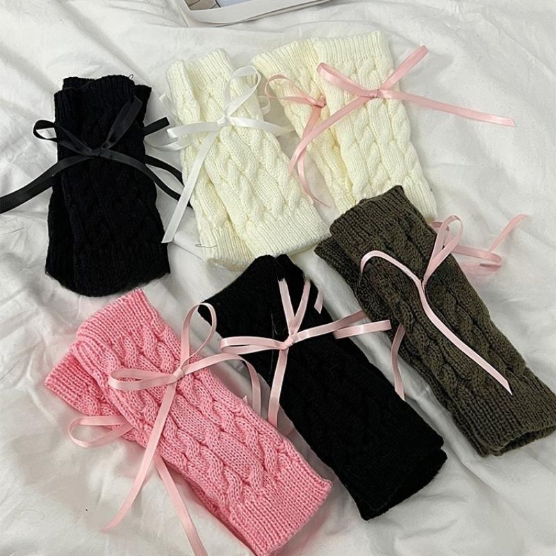 2025 New Women Winter Warm Half Cut Gloves Sweet Bow Student Yarn Knitted Touch Screen Exposed Finger Sleeves