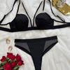 Classic Black Women Underwear Set Sexy Mesh Splice Bra Set French Deep V Soft Breathable High Quality Lingerie and Thongs