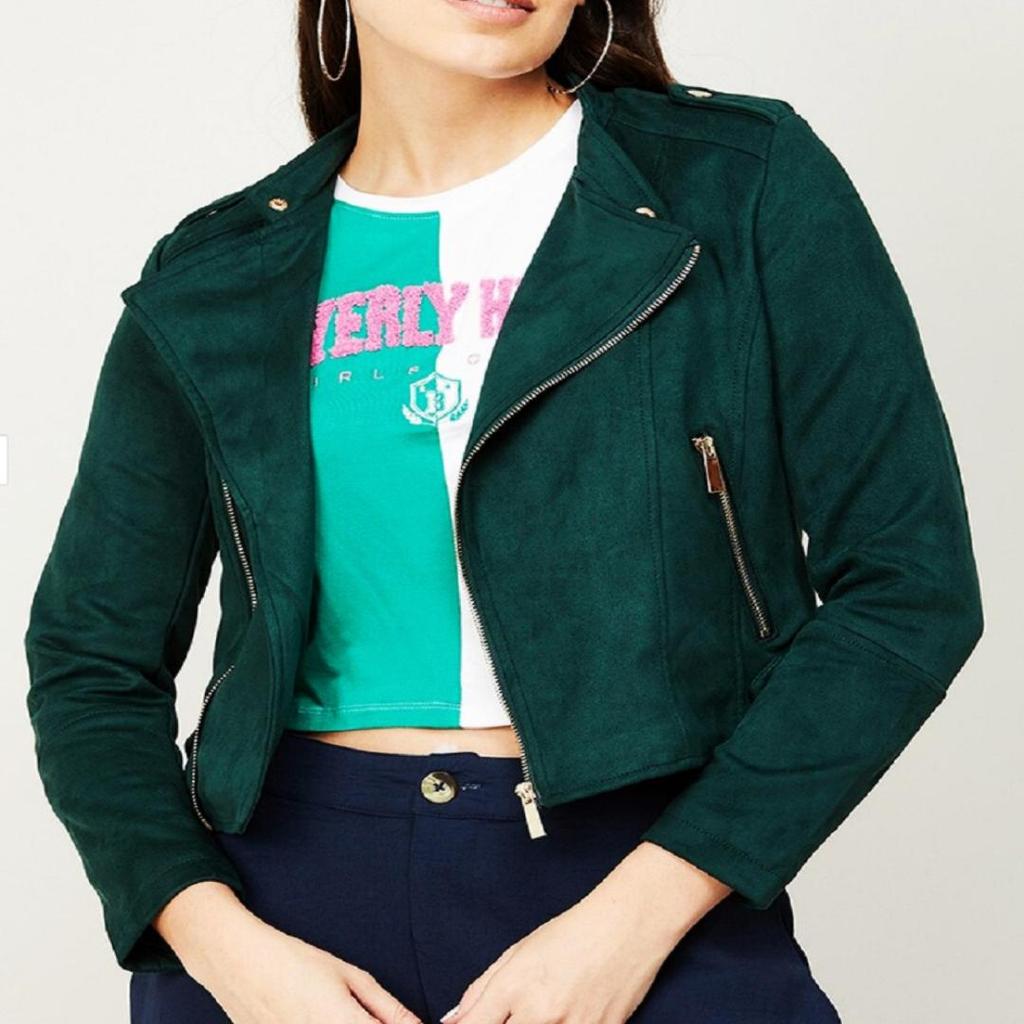 NOORA Womens Lambskin Leather Olive Green Color | Cropped Motor Biker Jacket Slim Fit Jacket | Beautiful Sleeves Look