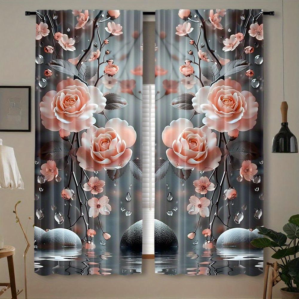 2pcs, Elegant Pink Flowers Printed Window Curtain, Rod Pocket Window Curtain, Semi Blackout Decorative Curtains for Living Room Office Home Decoration