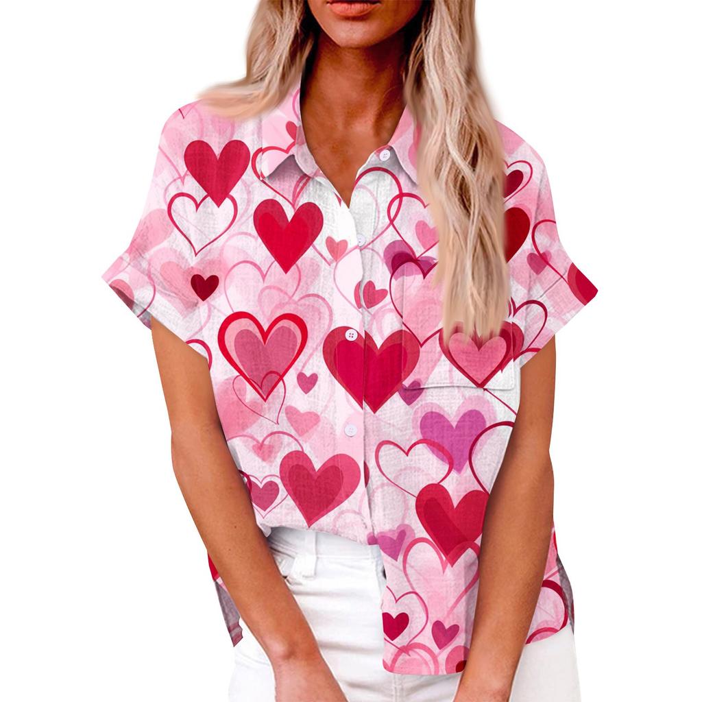 Женская свободная повседневная рубашка с короткими рукавами и отворотом с цифровым принтом и карманом