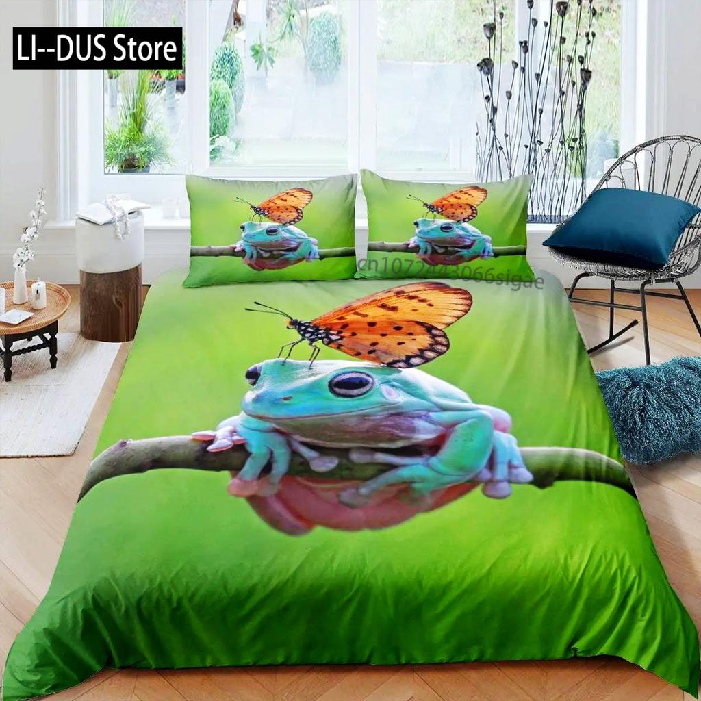 Комплект пододеяльников с изображением лягушки, милый мультяшный узор лягушки Kawaii, размер King Queen, полиэстер, чехол с наволочкой для детей и девочек