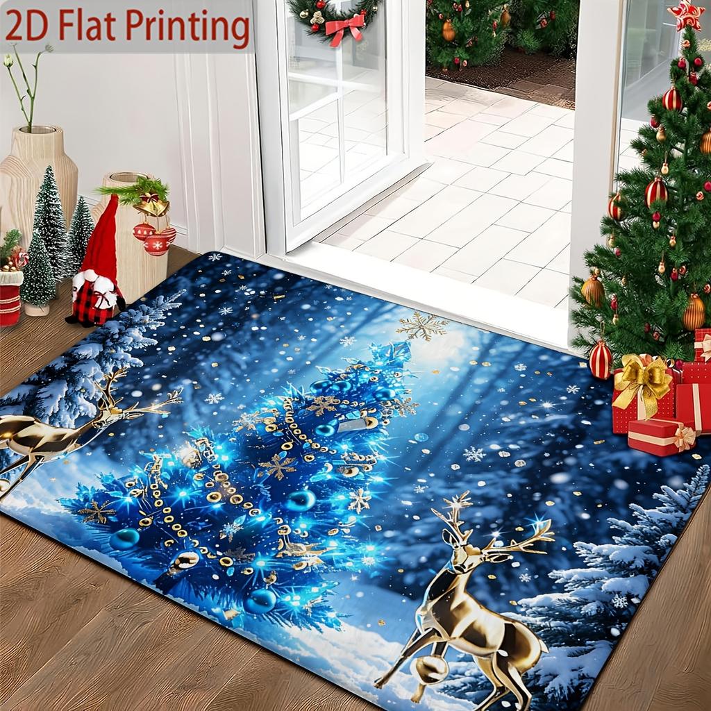 2D Flat Christmas Tree And Golden Reindeer Pattern Door Mat, Light Luxury Blue-Golden Christmas Entrance Rug, Christmas Tree Snowflake Non-Slip Mat, E