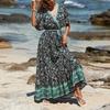 Women's V-neck Lace-up Printed Bohemian Dress Floral Short Sleeve Long Dress