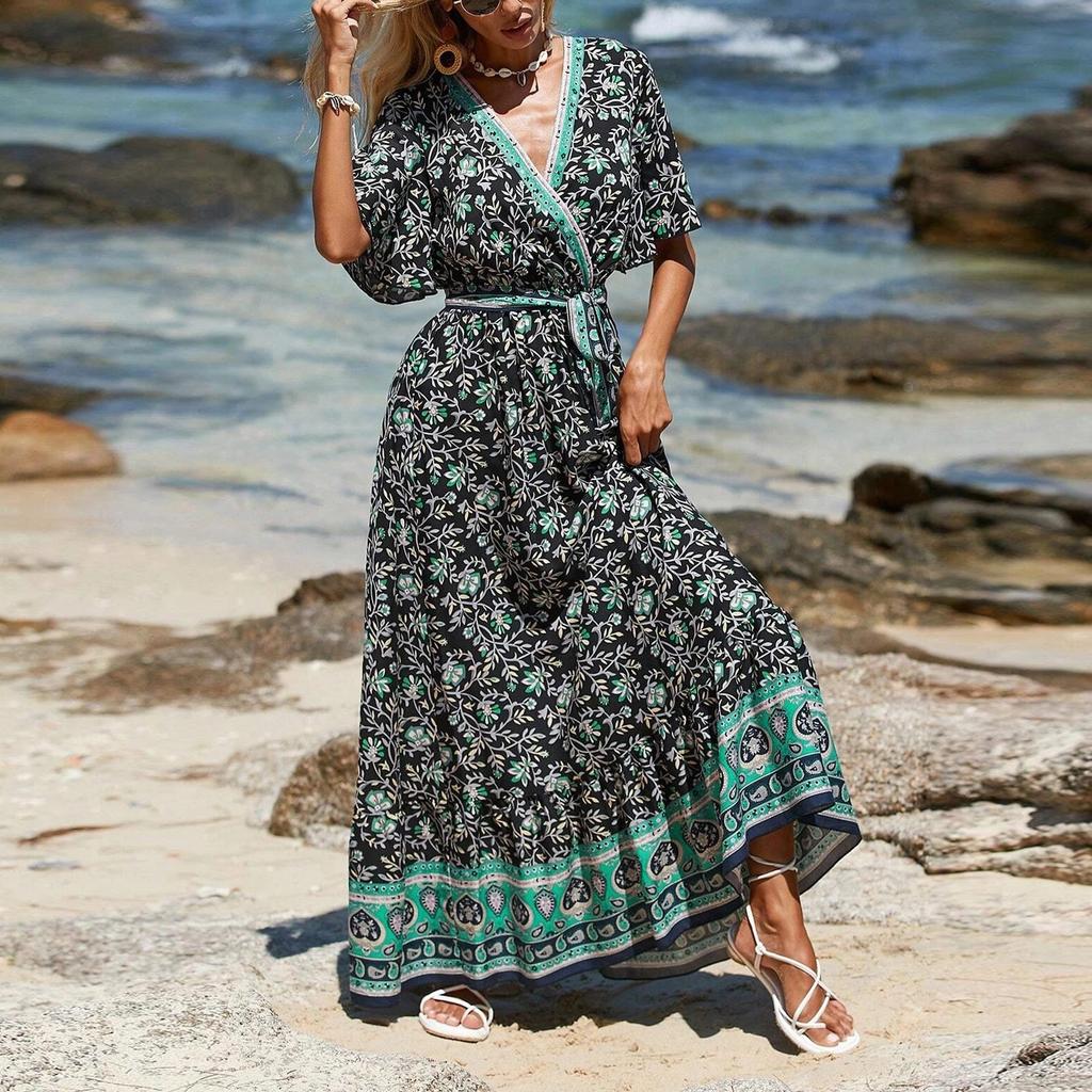 Women's V-neck Lace-up Printed Bohemian Dress Floral Short Sleeve Long Dress