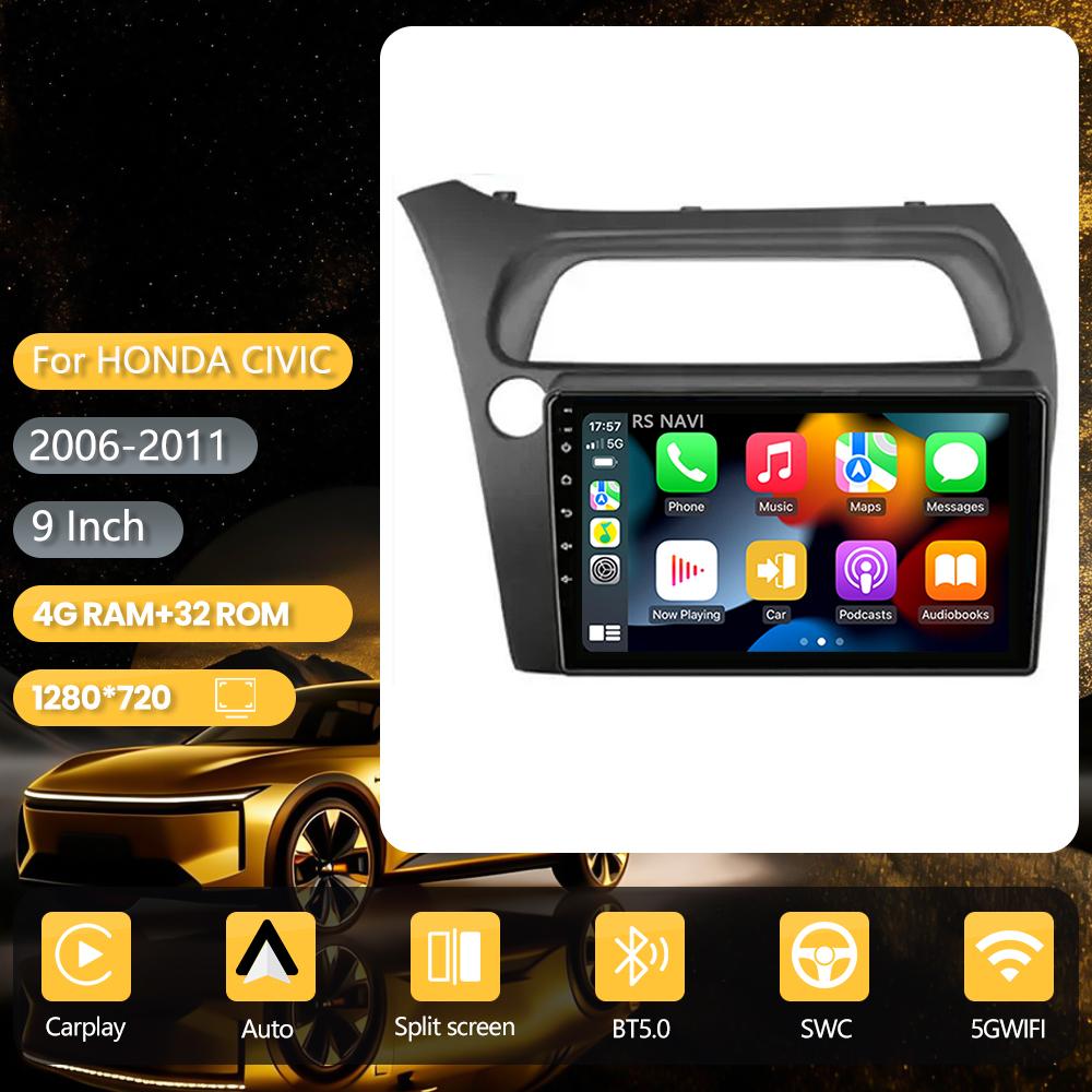 Autoradio Android 16 Carplay Auto GPS Navigation Lecteur multimédia pour Honda Civic Hatchback 2006 - 2011 vidéo Stéréo Qualcomm