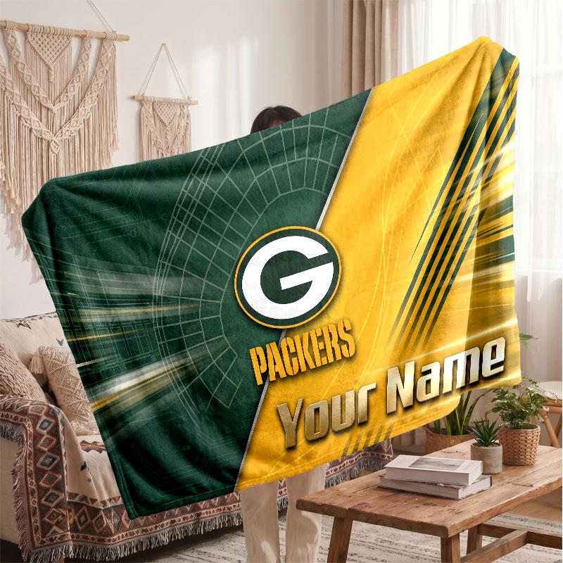 Green Bay Packers Flannel Blanket, Custom Name Text Personalized Soft Throw Blanket Home Decor Gift