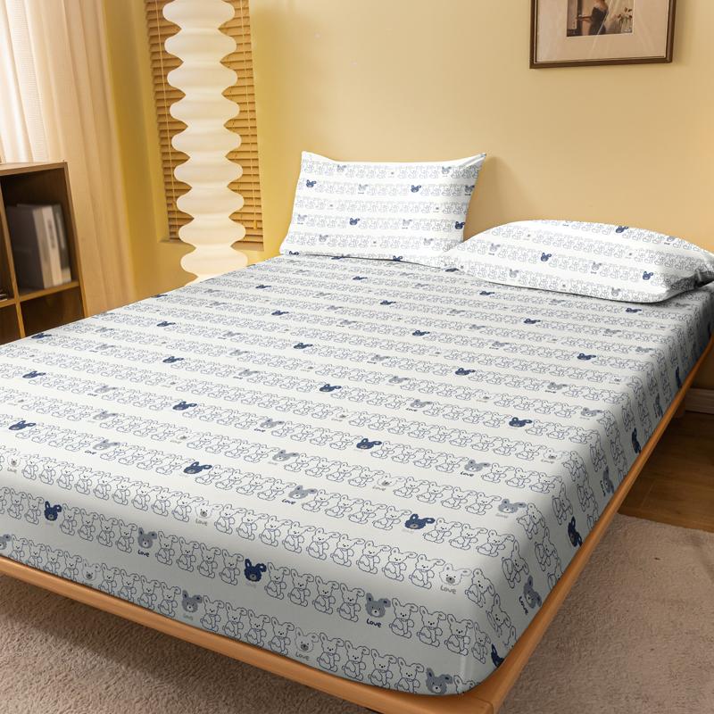 Cartoon 1 Fun Animal Bear Dog Printed Matte Fitted Sheet, Bedroom Printed Bed Cover, Bedding Excluding Pillowcases
