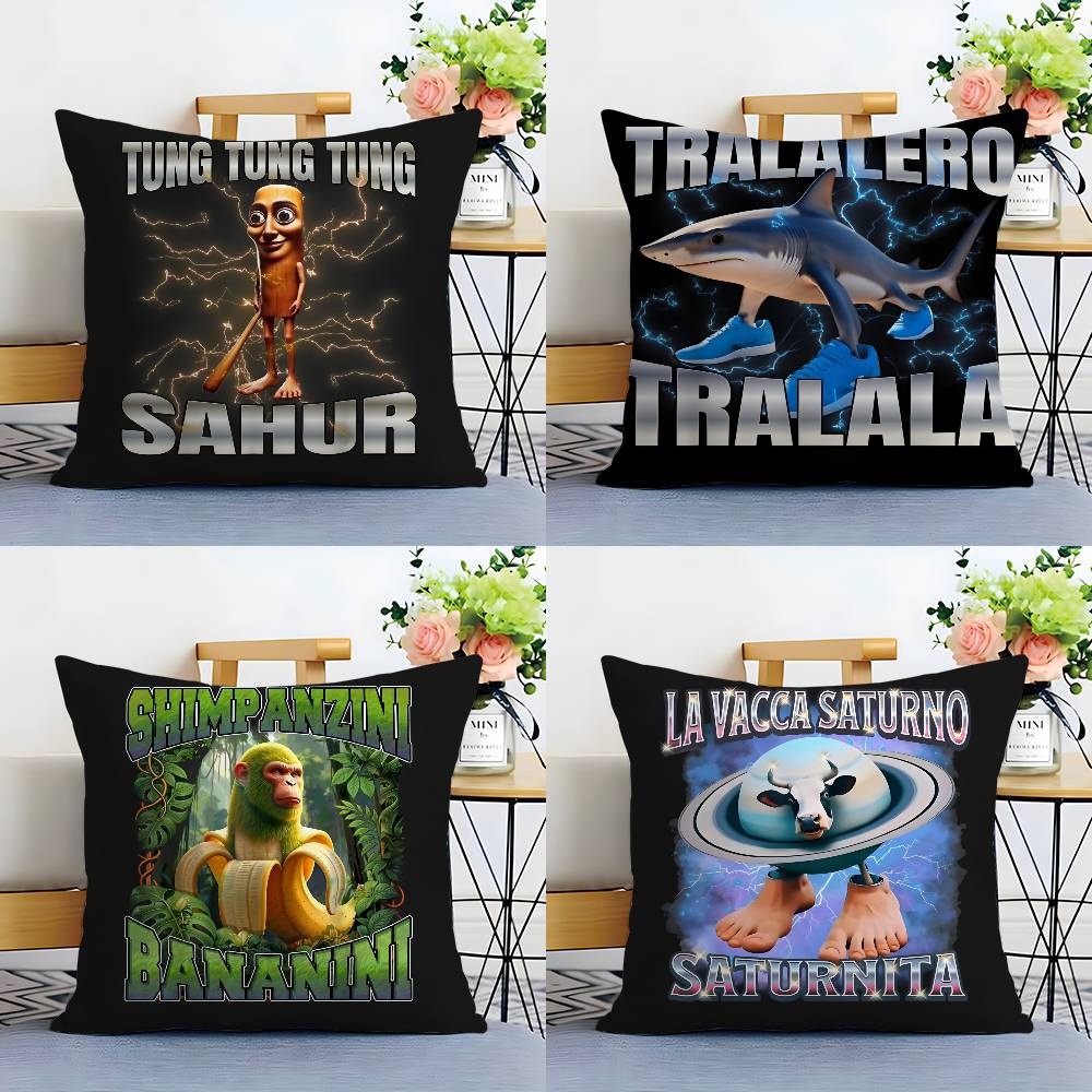 Italian Brain Rot Meme Tralalero Tralala Pillow Case Happy Atmosphere Short Plush Double-sided Printing Home Cushion Cover